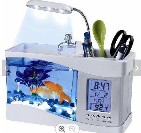 Acrylic Desktop Aquarium Mini Fish Tank With Running Water LCD Time Clock Alarm Colorful LED Lamp Light Calendar for Home