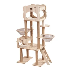 Adjustable 4 Level Minimalist Wood Cat Tree Tower with Natural Sisal Fiber Scratching Posts Indoor Cat Furniture for Kittens