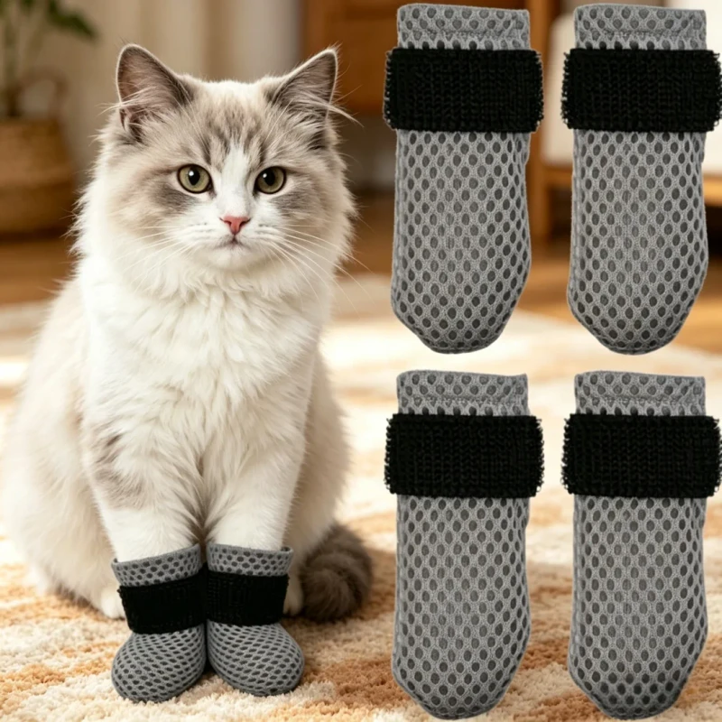 Adjustable Breathable Mesh Cat Booties Anti Scratch Pet Socks for Cats Dogs Indoor Paw Protector Shoes for Bathing Grooming