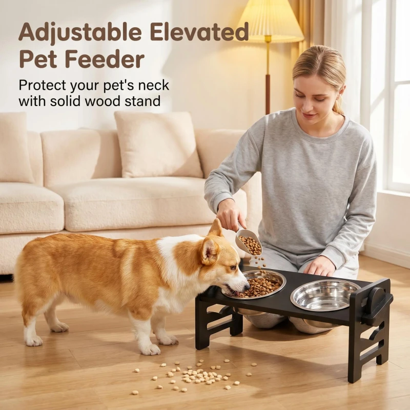 Adjustable Height Pet Cat Dog Feeder Raised Solid Wood & Stainless Steel Bowl Waterproof Non Slip Double Bowls