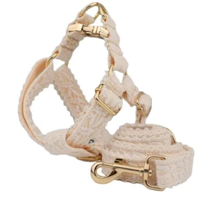 Adjustable Luxury Lace Mesh Gold Metal Buckle Custom logo Pet Dog Collar Harness Leash Set