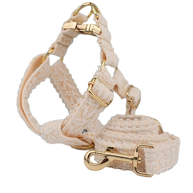Adjustable Luxury Lace Mesh Gold Metal Buckle Custom logo Pet Dog Collar Harness Leash Set