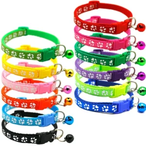 Adjustable Nylon Pet Neck Collar with Paw Print Bell Safe for Cats Kitten Small Dog Puppy