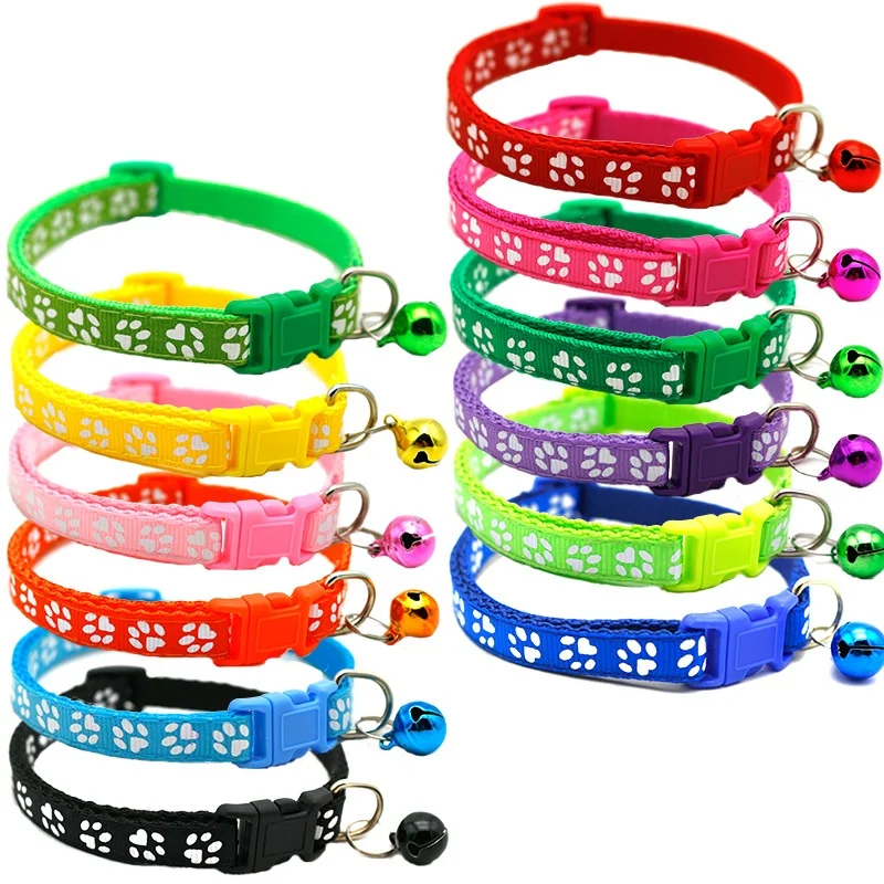 Adjustable Nylon Pet Neck Collar with Paw Print Bell Safe for Cats Kitten Small Dog Puppy