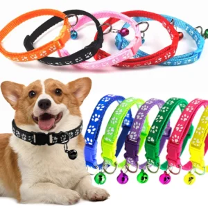 Adjustable Pet Collar Small Pets Dog Paw Print Collar Cat Collar with Bell