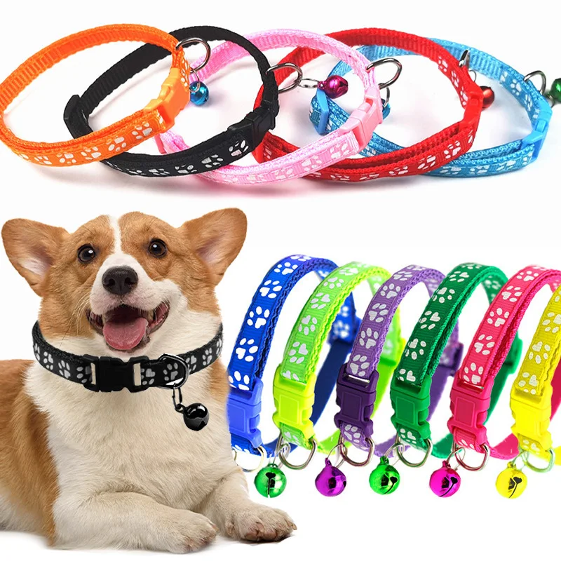 Adjustable Pet Collar Small Pets Dog Paw Print Collar Cat Collar with Bell