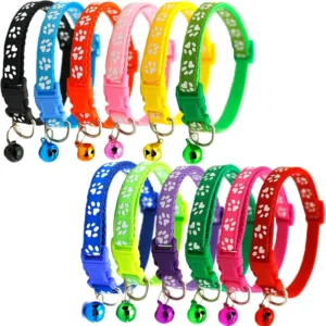 Adjustable Pet Collar with Custom Logo Breakaway Buckle Paw Print Bell for Cats Small Puppy Dogs Safe for Use