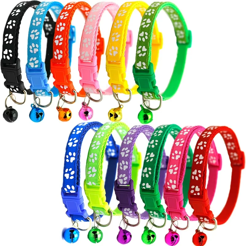 Adjustable Pet Collar with Custom Logo Breakaway Buckle Paw Print Bell for Cats Small Puppy Dogs Safe for Use