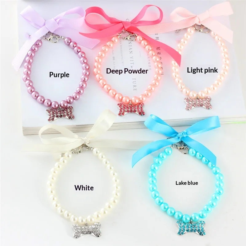 Adjustable Pet Jewelry Pearl Collar Leash Solid Pattern Cat and Dog Necklace with Pearl for Cats and Dogs