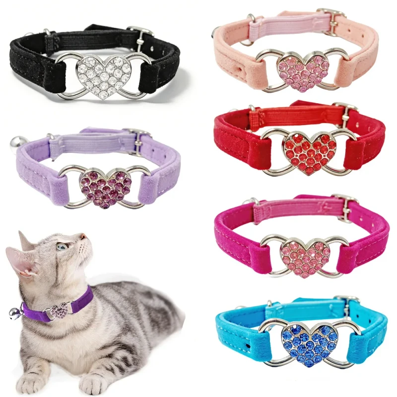 Adjustable Rhinestone Heart Cat Collar Velvet with Safety Bell Pet Product