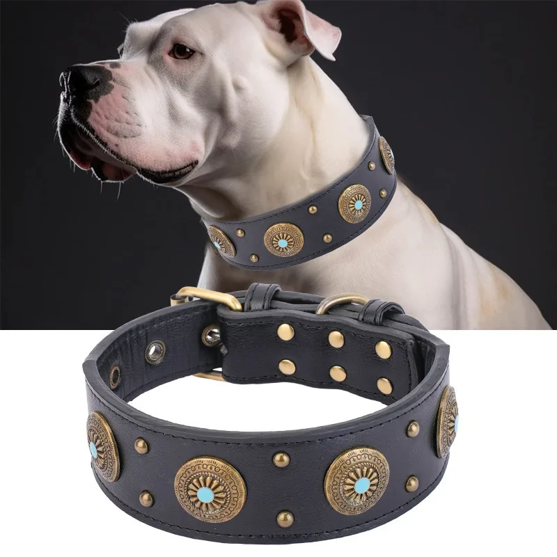 Adjustable Solid Eco-friendly Pet Necklace Leather 2 Inches Wide Heavy Duty Fashion Dog Collar