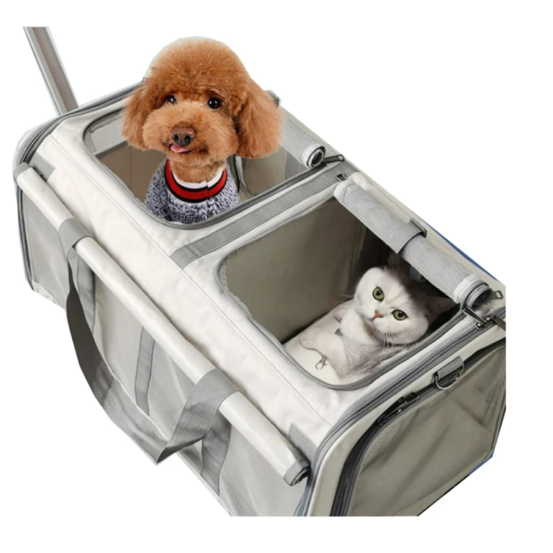 Airline Approved Double Compartment Rolling Tote Luggage Soft Sided Pet Carrier Detachable Wheels Zipper Closure for Cats and Dogs