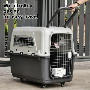 Airline Approved Large Plastic Kennel on Wheels Solid Pattern Iron Pet Dog Cat Carrier Crate Cage