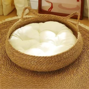 All Season Eco friendly Woven Rattan Round Cat Mat Comfortable Pet Bed Nest Solid Pattern Cat Scratching Board Accessories