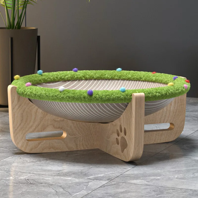 All Seasons Pet Sleeping Bed Summer Linen Trampoline Moisture-Proof Hammock Breathable Solid Integrated Wooden Scratching Board