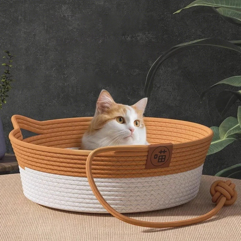All Seasons Universal Pet Bed Winter Warm Rattan Cat Nest with Solid Pattern Semi Enclosed Dog Mat for Sleeping