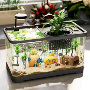 All in One Ecosystem with Clip on Light & Built in Filter Micro Landscape Aquarium for Turtles Fish and Aquatic Pets