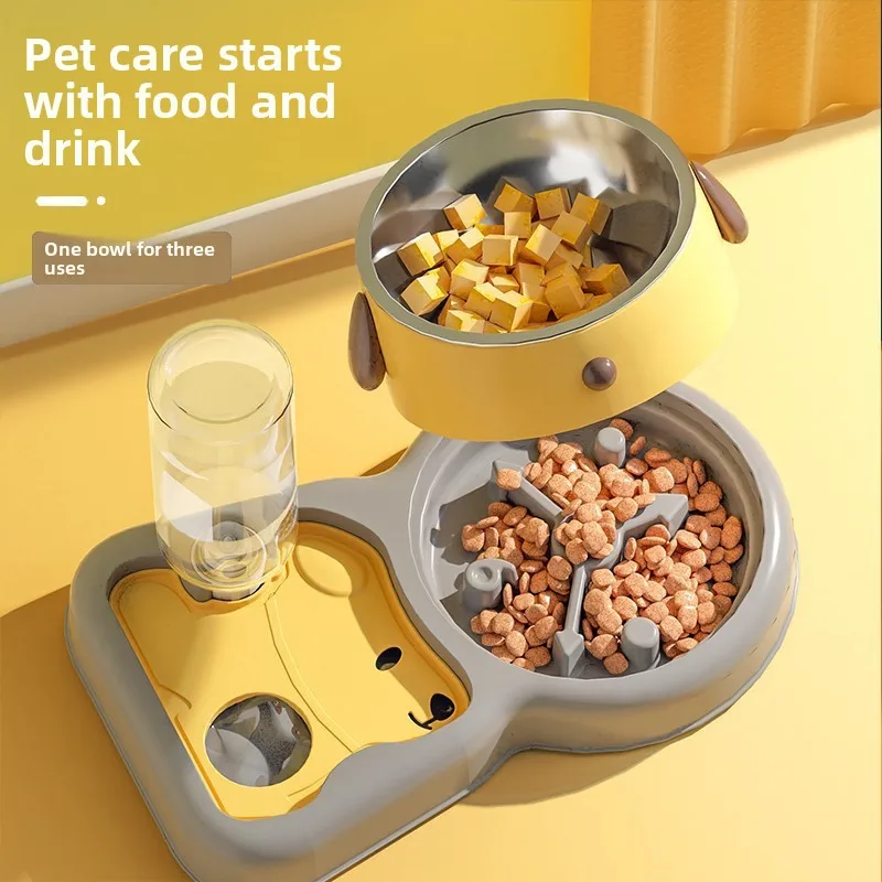 All in One Stainless Steel & PP Pet Bowl with Auto Water Dispenser Non Slip Slow Feeder Double Bowl for Cats and Dogs