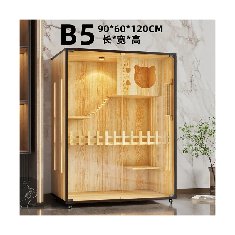 Animal Pattern Wood Cat Run House with Bridge Villa Design Pet Furniture