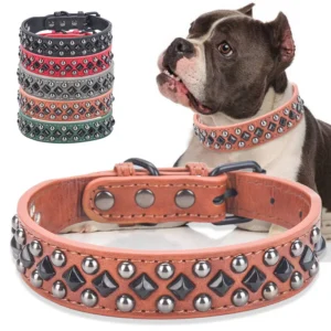 Anti Bite Dog Collar with Personalized Alloy Rivets Soft PU Leather Pet Collar with Comfortable Leash and Solid Pattern