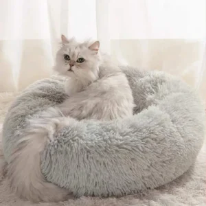 Anti Slip Donut Shaped Dog Beds Anti Anxiety Warm Soft Indoor Accessory Faux Fur Material Solid Pattern Travel