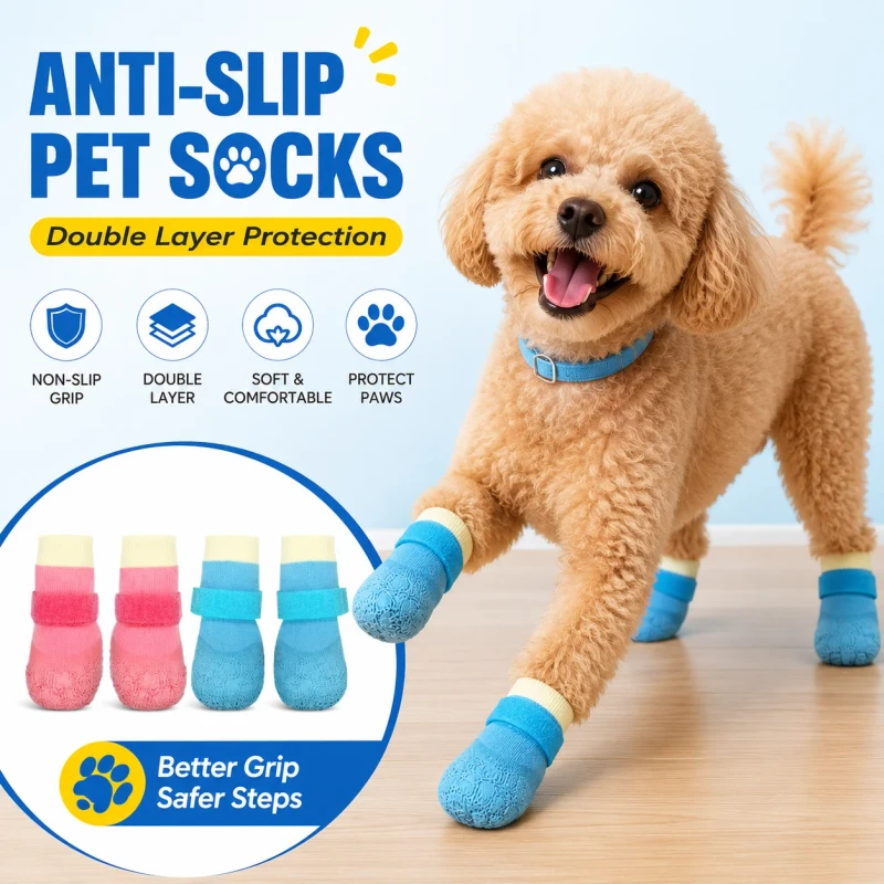 Anti Slip Pet Socks Double Layer Adjustable Strap Rubber Grip Sole for Dog Cat Indoor Floor Paw Protection OEM Custom Size