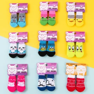 Anti Slip Polyester Dog Socks Cute Cartoon Design Indoor Floor Protection for Teddy & Poodle 4 Pack Pet Paw Covers