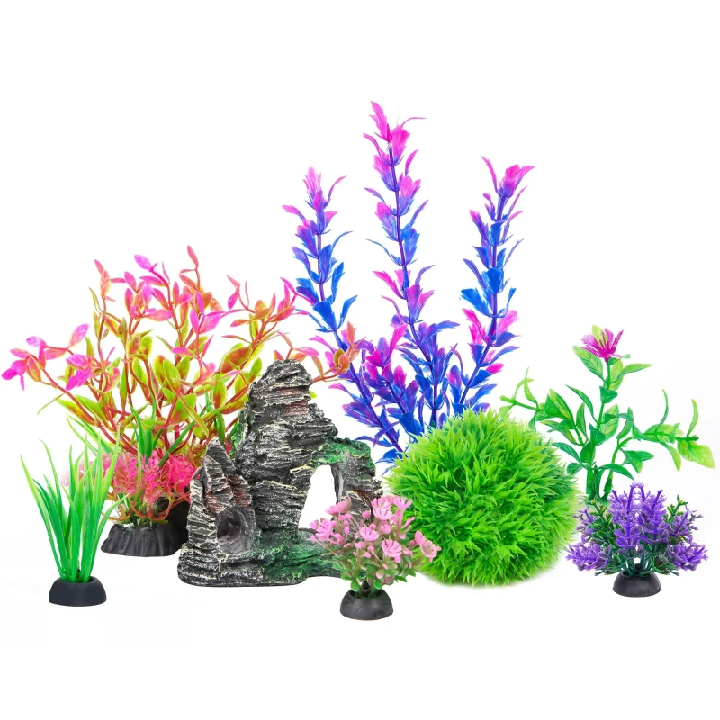 Aquarium Artificial Plastic Plants Decorations and Rock Cave Decor Set Goldfish Betta Fish Tank Accessories