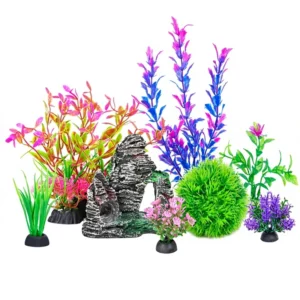 Aquarium Artificial Plastic Plants Rock Cave Decor Set Eco Friendly Adjustable for Goldfish & Betta Fish Tanks & Bowls