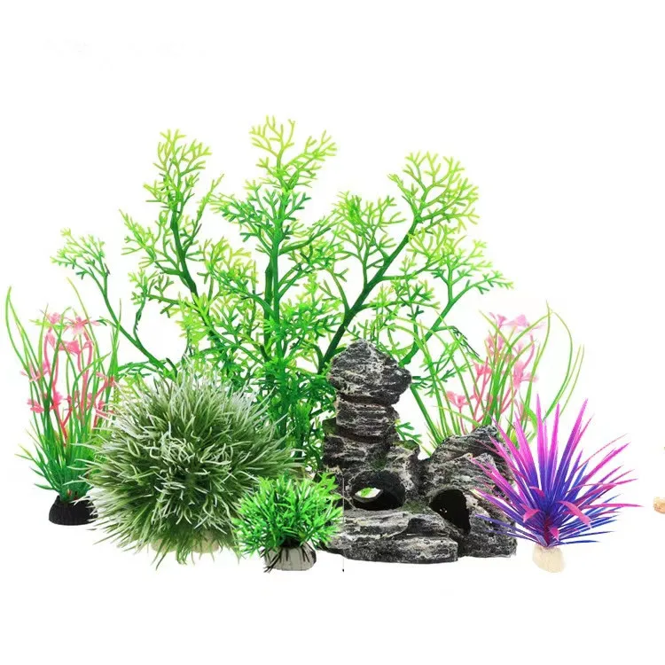 Aquarium Fish Tank Plastic Plants and Cave Rock Decorations Decor Set 7 Pieces Small and Large Artificial Fish Tank Plants