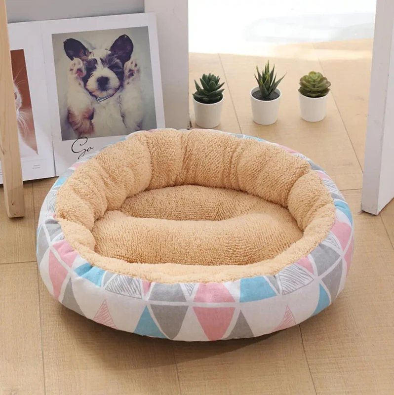 Autumn Winter Comfortable Soft Plush Cushion Round Pet Bed for Dogs and Cats Floral Pattern Furniture Accessories