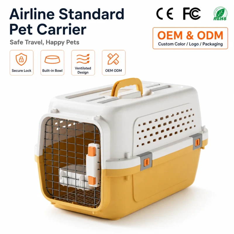 Aviation Standard Ventilated Design Metal Wire Door Plastic Hard Sided Pet Carrier for Air Freight Vehicle Transportation