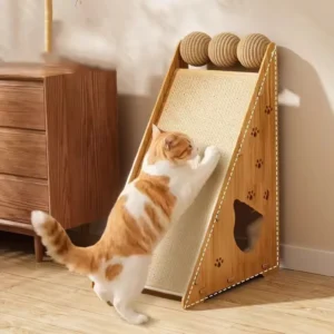 Bamboo Cat Scratching Post with Interactive Toys Durable Wooden Cat Tree for Climbing