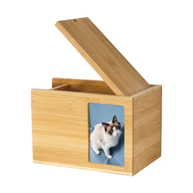Bamboo Cremation Urn for Pet Memorial Pet Funeral Supply with Photo Frame Dog Cat Coffin for Animal Memorial Occasion