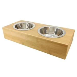Bamboo Double Bowl Pet Feeder Stand Anti Tip Rectangular Design for Cats & Dogs