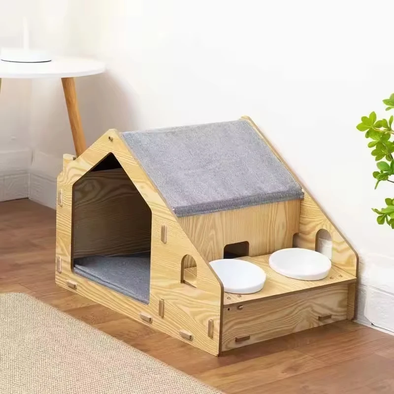 Bamboo Pet House Eco-Friendly Cat Kennel with Double Feeder and Bed Indoor Villa with Fiber Bowl for Small Animals