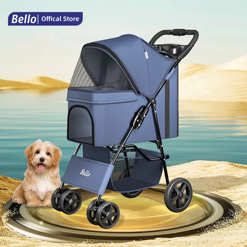 Bello Manufacture 4 Wheels Pet Stroller for Cat and Dog Outdoor Walking One Hand Easy Fold Trolley Pet Carrier