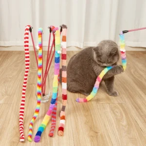 Big Eyed Caterpillar Cat Teasing Stick Long Pole with Bell Bright Rainbow Cat Teasing Toy
