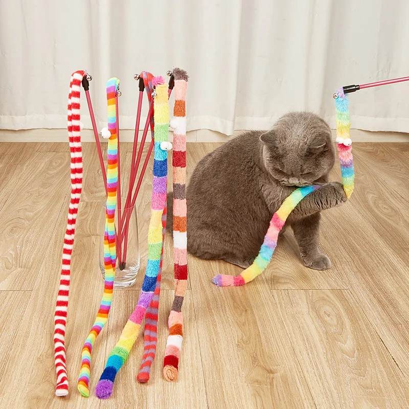 Big Eyed Caterpillar Cat Teasing Stick Long Pole with Bell Bright Rainbow Cat Teasing Toy