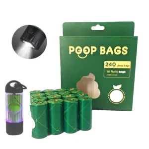 Biodegradable Dog Waste Bags Compostable Pet Doggie Poo Disposal Poop Bag with LED Dispenser Holder Flashlight