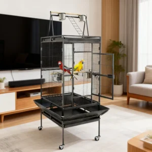 Bird Breeding Supplies Iron Large Wire Cage with Plastic Tray Push Up Closure Rectangle Shape Removable Casters for Parrot