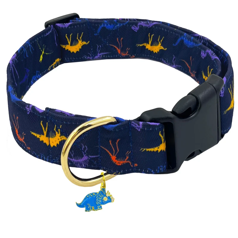 Black Dinosaur Printed Dog Collars for Small Dogs with Pendant Adjustable Puppy Small Medium Large Pet Collar