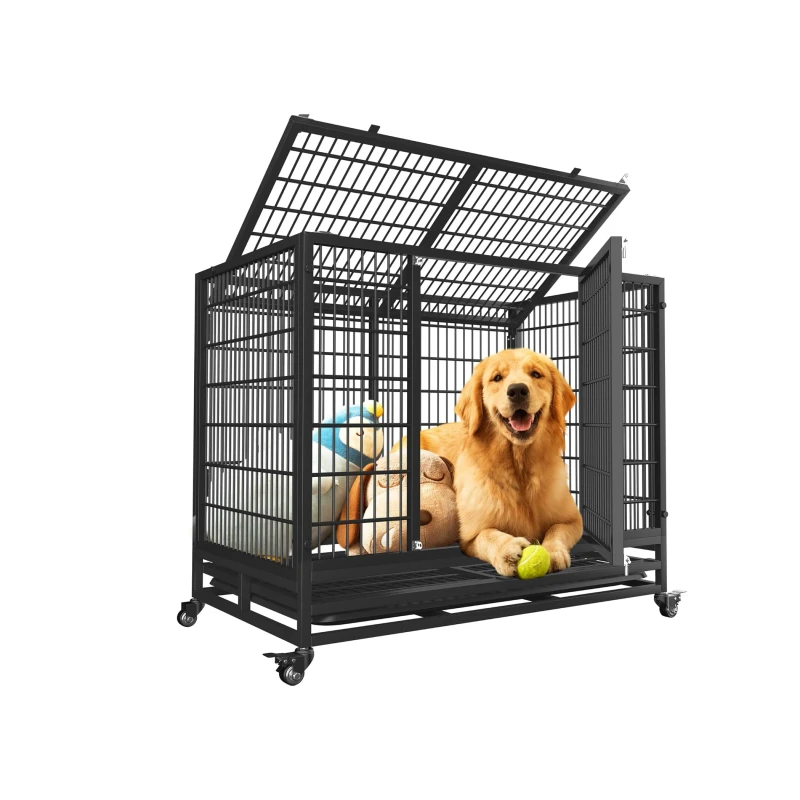 Black Solid Metal Tall Dog Cage with Plastic Tray and Button Closure Pet Kennel for Breeding and Exercise