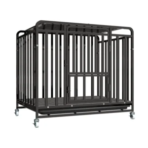 Black Stainless Steel Modern Solid Breathable Pet Dog Cage with All Tube Frame and Plastic Tray Wheels Box Packed for Indoor Use