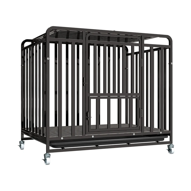 Black Stainless Steel Modern Solid Breathable Pet Dog Cage with All Tube Frame and Plastic Tray Wheels Box Packed for Indoor Use