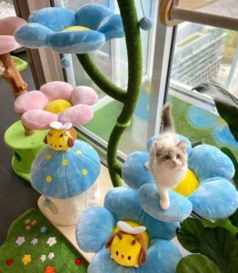 Blue Cat Climbing Frame Scratcher Stylish Cat Furniture Wooden Modern Luxury Cat Flower Tree Tower