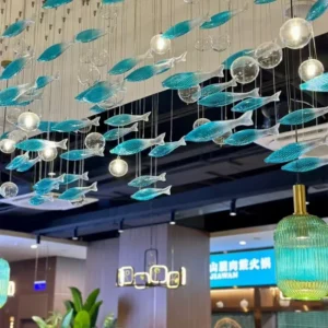 Blue Fish Shape Chandelier Ceiling LED Creative Shape Indoor Restaurant Dining Room Aquarium Pendant Light Fixture