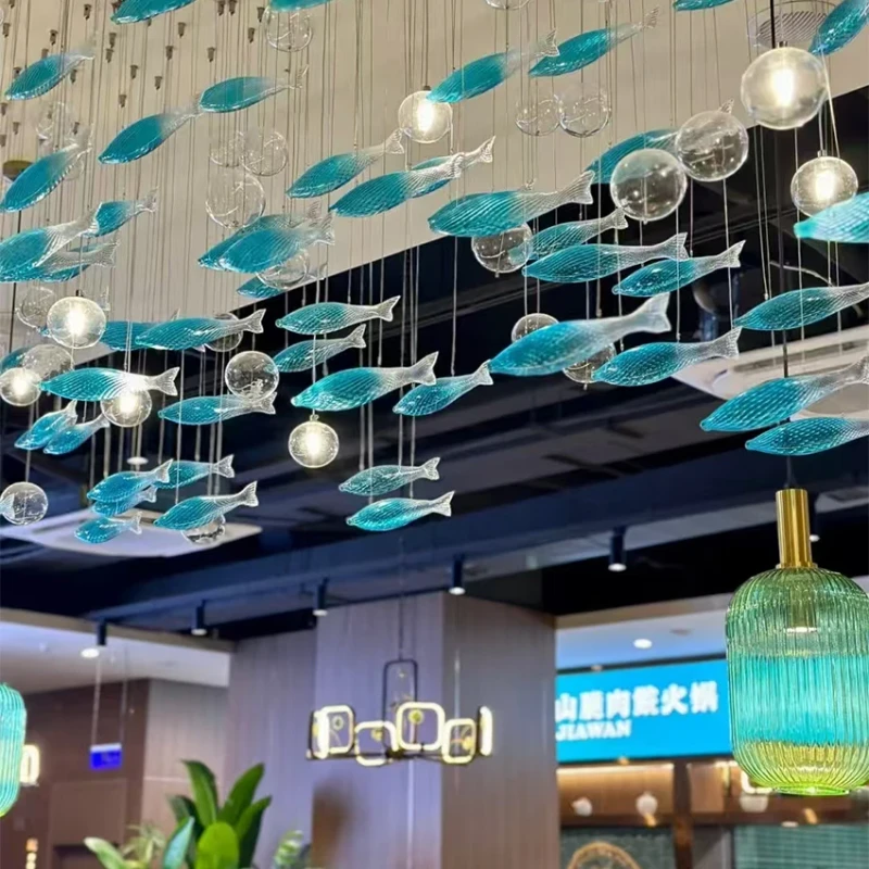 Blue Fish Shape Chandelier Ceiling LED Creative Shape Indoor Restaurant Dining Room Aquarium Pendant Light Fixture