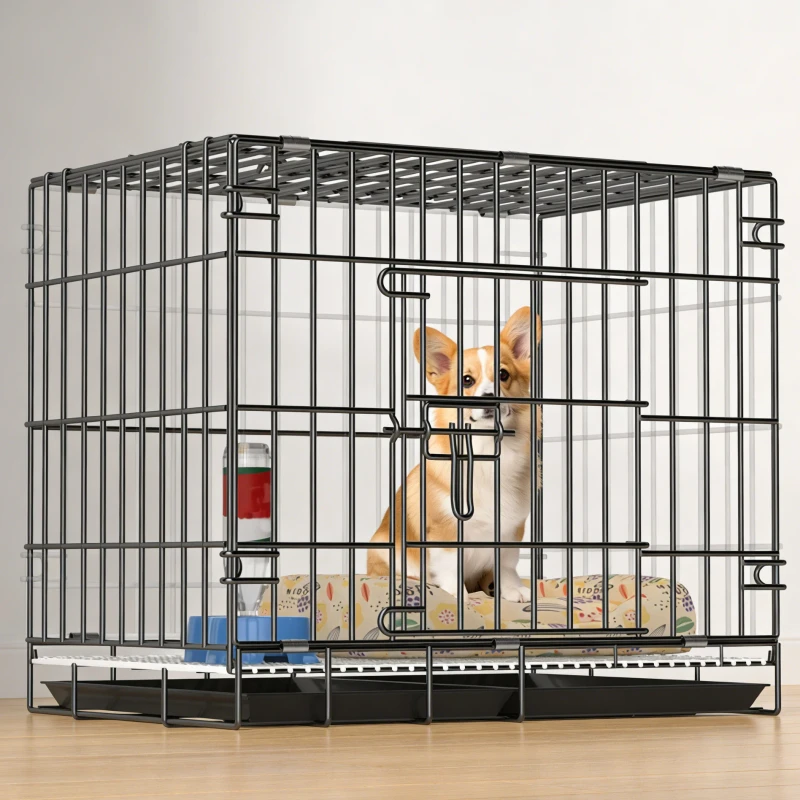 Bold Thickened Iron Pet Cage with Plastic Tray Button Closure Foldable Separated Toilet Box for Small Medium Large Dogs Cats