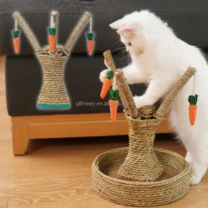 Branch Shaped Cat Scratching Tree Braided Straw Cat Scratcher Post with Carrot Chewing Toys